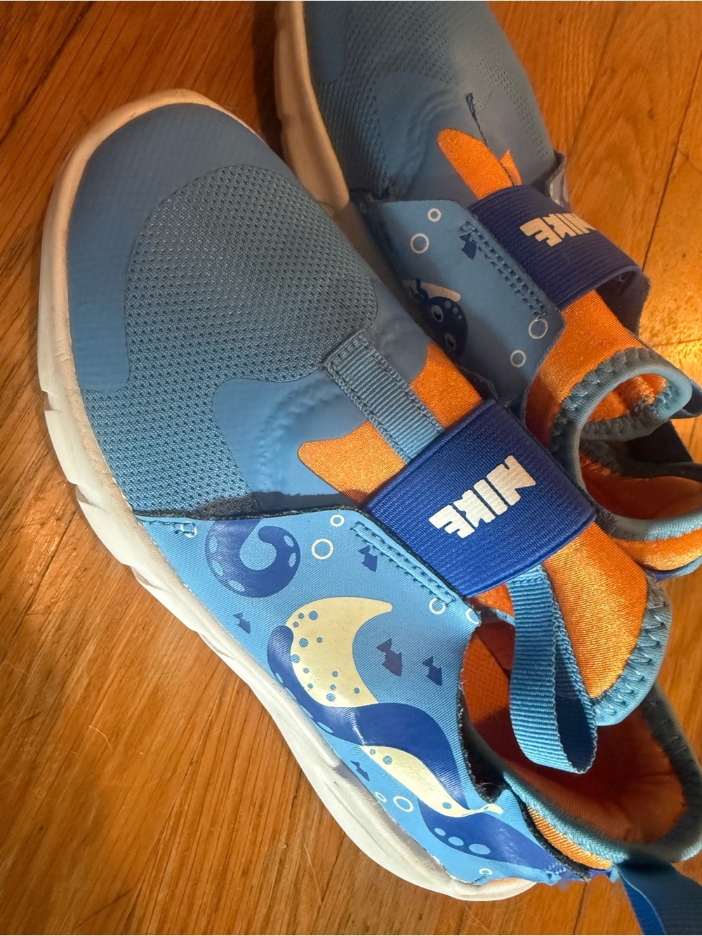 Nike Kids Light Blue and Orange Slip-On Sneakers with Sea Print